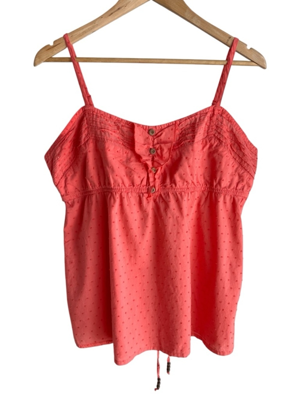Coral Swiss Dot Babydoll Cami Top Large Button Front Tie Back Summer Boho Shirt
